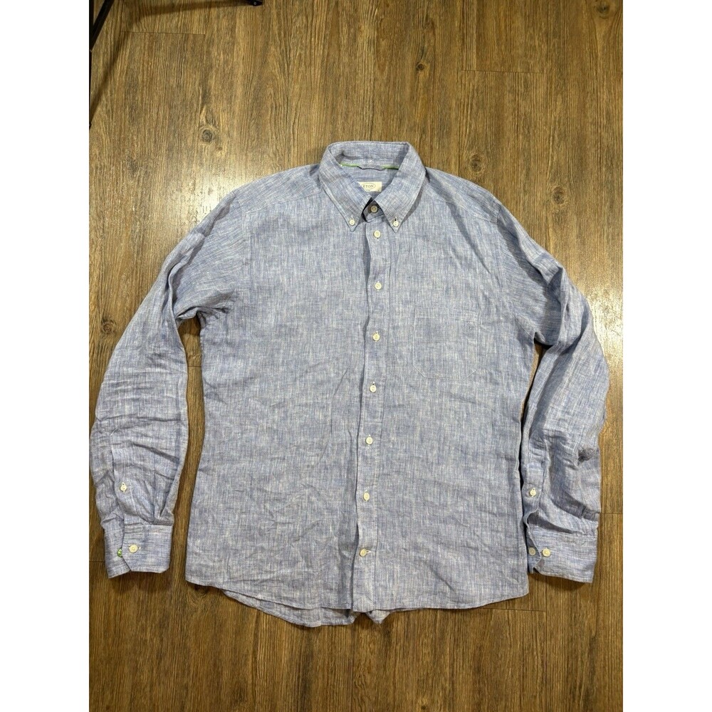 Eton Contemporary 100% Linen Shirt  42-16 1/2 Solid Blue Button down Resort Wear